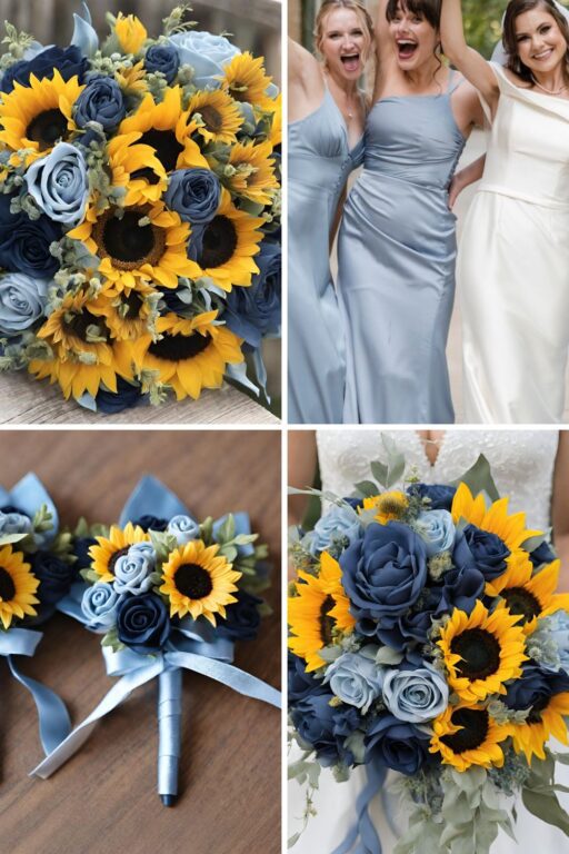 A photo collage of dusty blue, navy blue, and sunflower wedding color ideas.