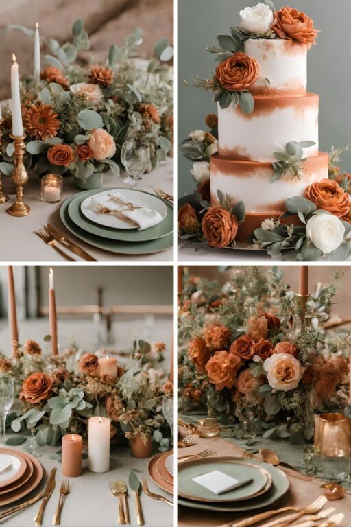 A photo collage of terracotta, sage green, and gold wedding color ideas.