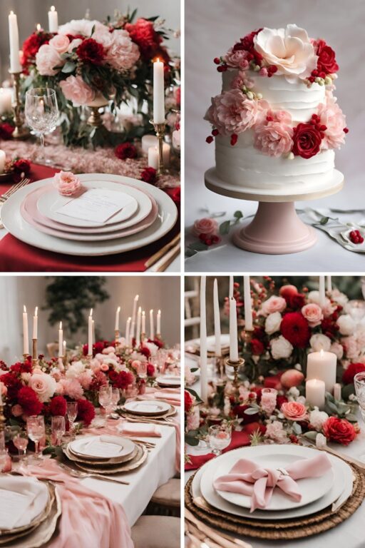 A photo collage of red, soft pink, and white wedding color ideas.