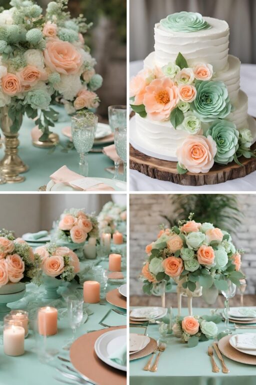 A photo collage of mint green and peach wedding color ideas.