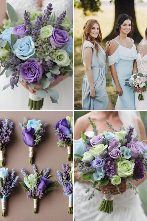 A photo collage of light blue, purple, lavender, and light green wedding color ideas.