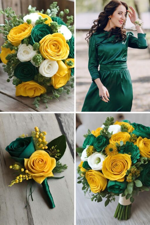 A photo collage of emerald green, mustard yellow, and white wedding color ideas.