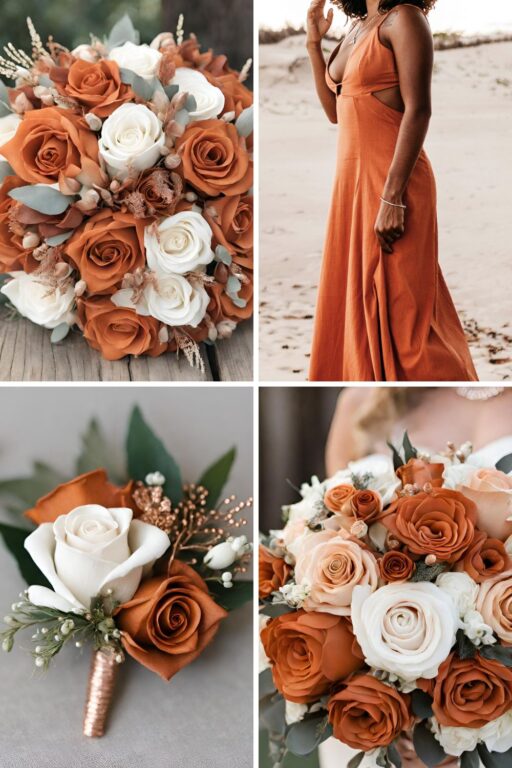 A photo collage of burnt orange and rose gold wedding color ideas.