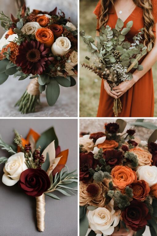 A photo collage of brown, beige, rust orange, dark sage green, and burgundy wedding color ideas.