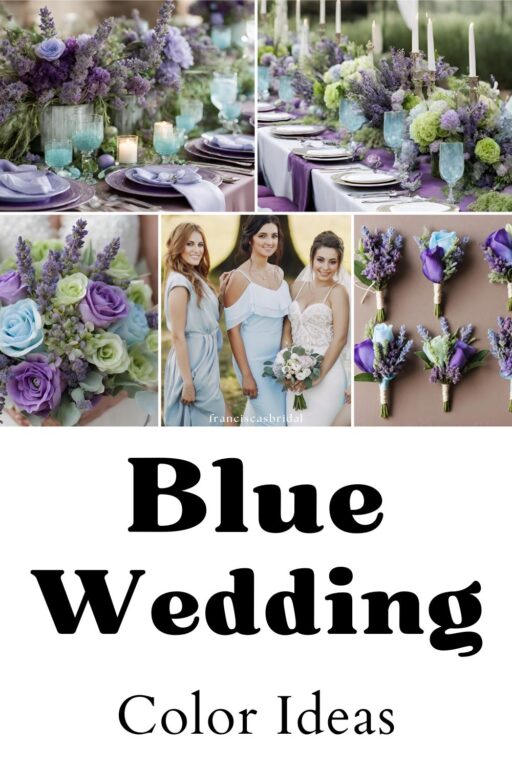A photo collage of light blue and purple wedding color ideas.