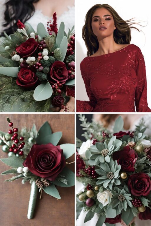 A photo collage of sage green and wine red Christmas themed wedding color ideas.