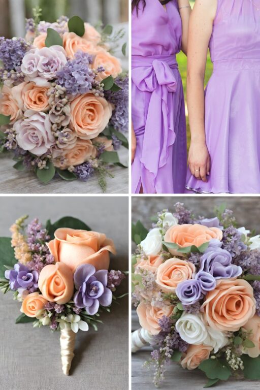 A photo collage of peach and lilac wedding color ideas.