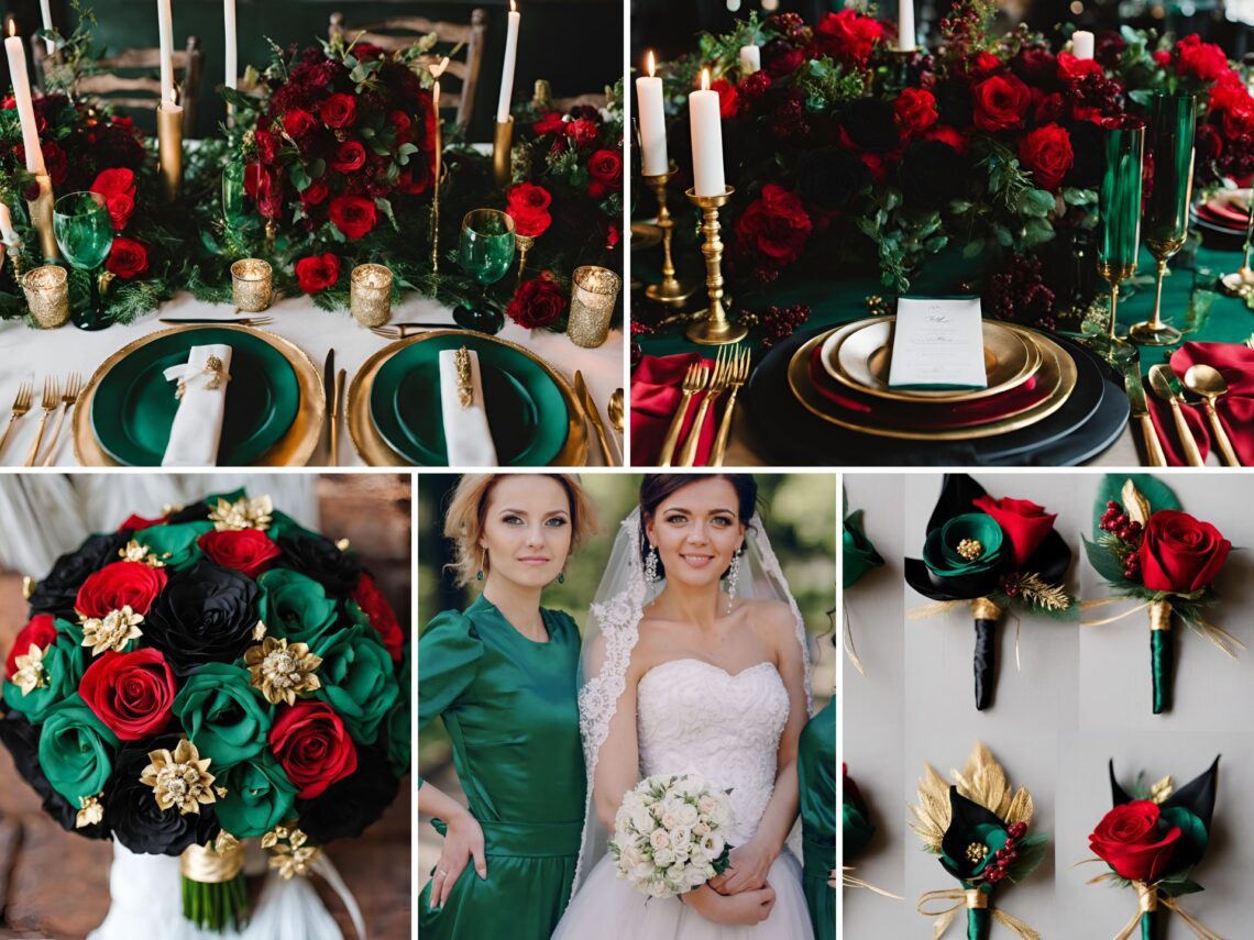 A photo collage of emerald green, red, black, and gold wedding color ideas.