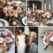 A photo collage of old rose, dark grey, gold, and white wedding color ideas.