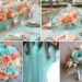 A photo collage of muted tiffany blue, coral, and sand wedding color ideas.