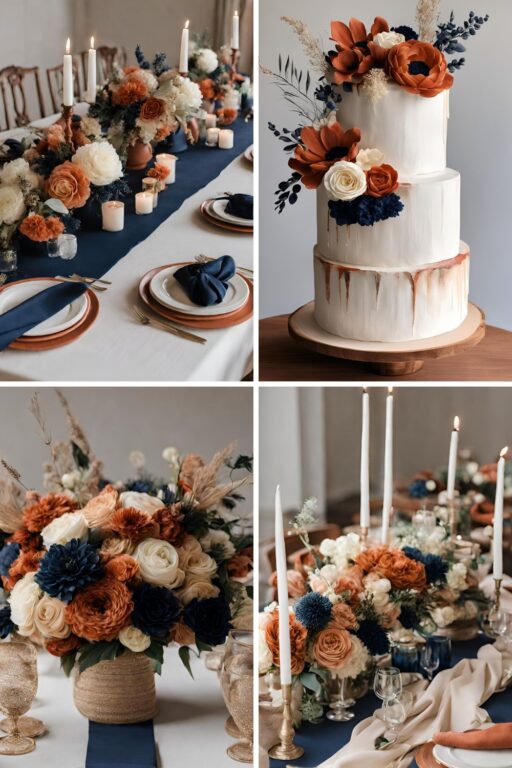 A photo collage of Navy Blue, Terracotta, Beige, and Cream wedding color ideas.