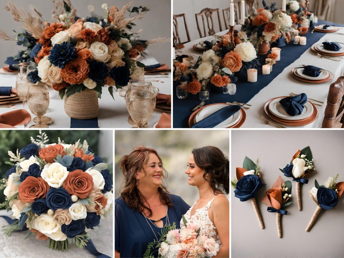 A photo collage of Navy Blue, Terracotta, Beige, and Cream wedding color ideas.