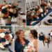 A photo collage of Navy Blue, Terracotta, Beige, and Cream wedding color ideas.
