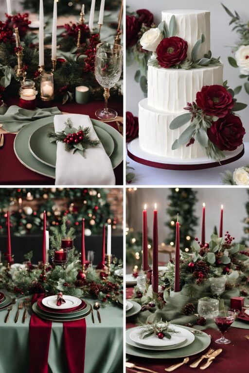 A photo collage of sage green and wine red Christmas themed wedding color ideas.