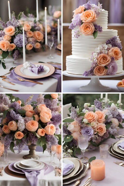 A photo collage of peach and lilac wedding color ideas.