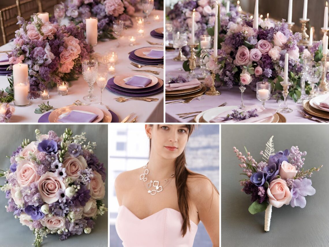 A photo collage of Baby Pink, Lilac, and Violet wedding color ideas.