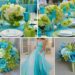 A photo collage of aqua and lime green wedding color ideas.