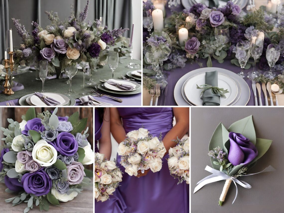 A photo collage of Violet, Lavender, Sage Green, Champagne, Dark Grey, and Light Grey wedding color ideas.