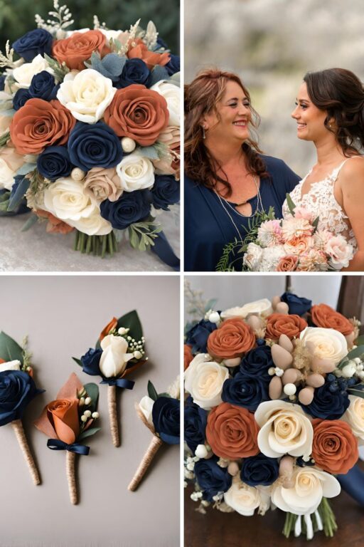 A photo collage of Navy Blue, Terracotta, Beige, and Cream wedding color ideas.