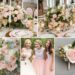 A photo collage of pastel pink, gold, green, and white wedding color ideas.