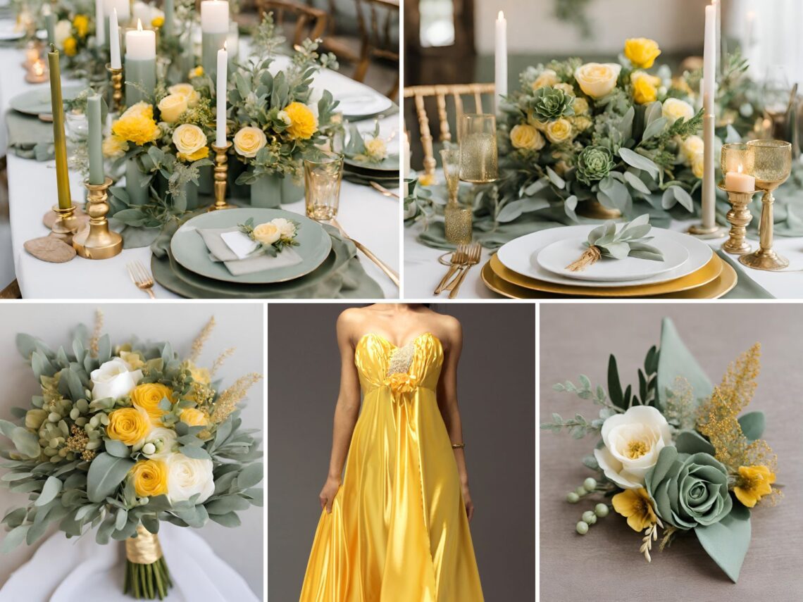 A photo collage of sage green, yellow, and gold wedding color ideas.