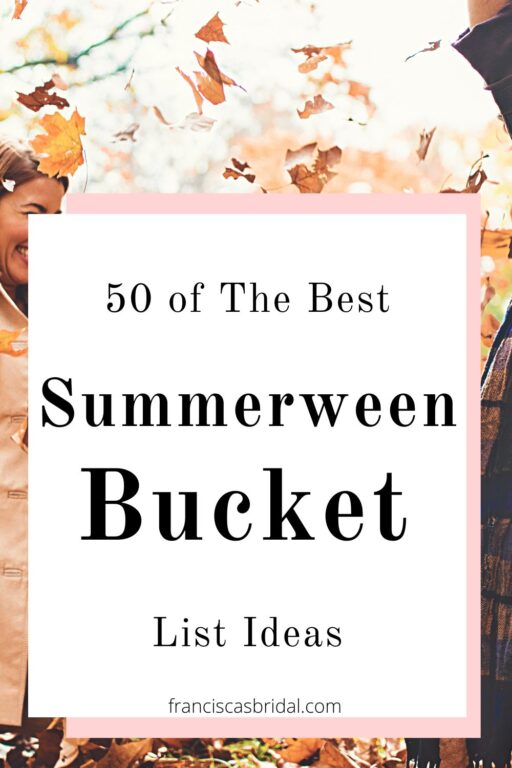 A man and women throwing leaves in the air with text best summerween bucket list ideas.