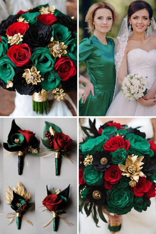 A photo collage of emerald green, red, black, and gold wedding color ideas.