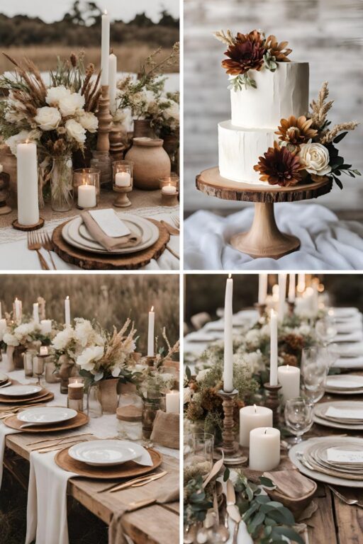 A photo collage of rustic boho and ivory wedding color ideas.