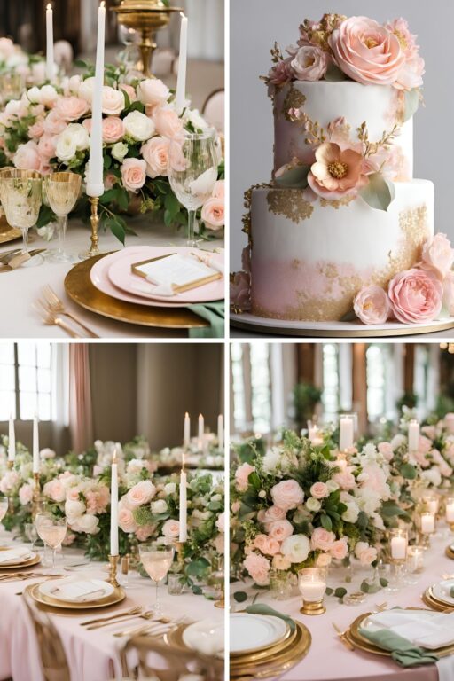 A photo collage of pastel pink, gold, green, and white wedding color ideas.