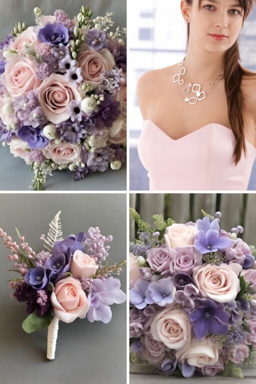 A photo collage of Baby Pink, Lilac, and Violet wedding color ideas.