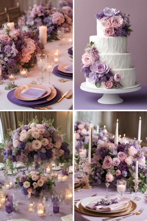 A photo collage of Baby Pink, Lilac, and Violet wedding color ideas.