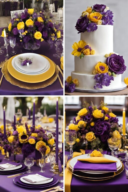 A photo collage of purple and yellow wedding color ideas.