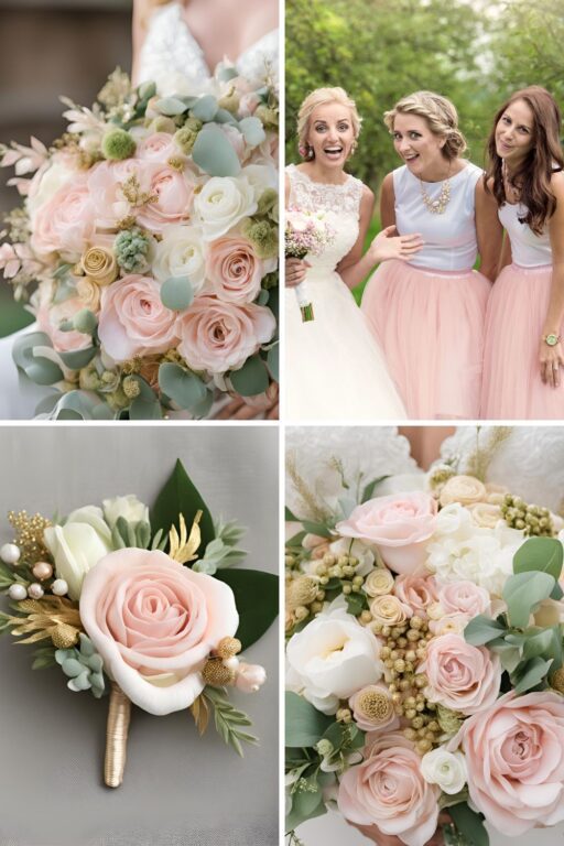 A photo collage of pastel pink, gold, green, and white wedding color ideas.