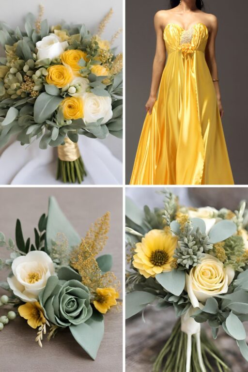 A photo collage of sage green, yellow, and gold wedding color ideas.