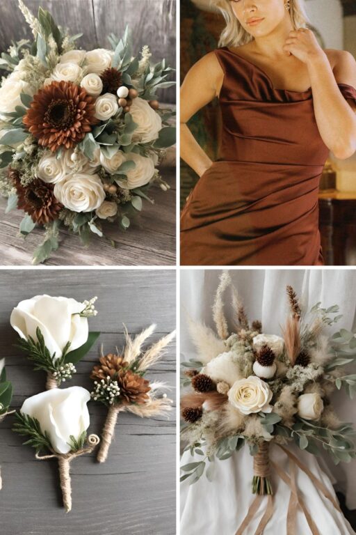 A photo collage of rustic boho and ivory wedding color ideas.