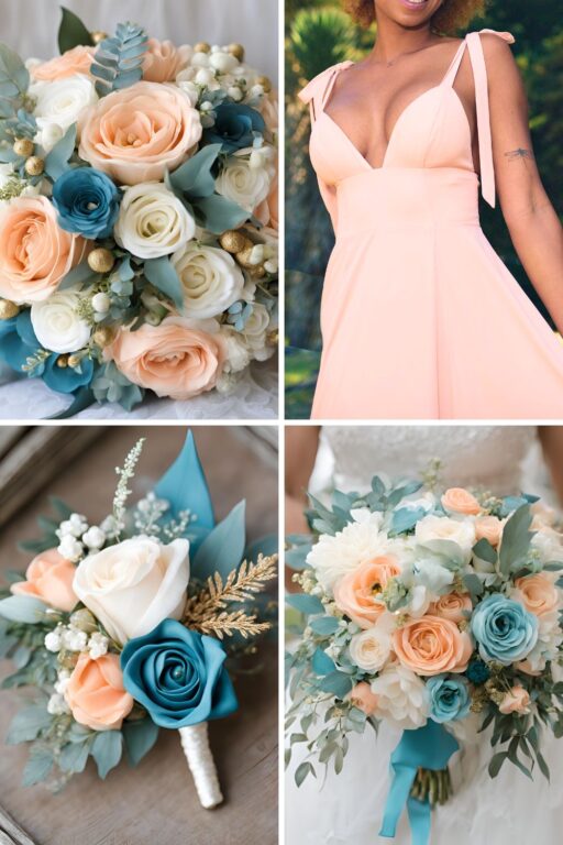 A photo collage of teal blue, pastel peach, gold, and white wedding color ideas.