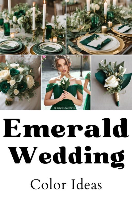A photo collage of emerald green wedding color ideas.