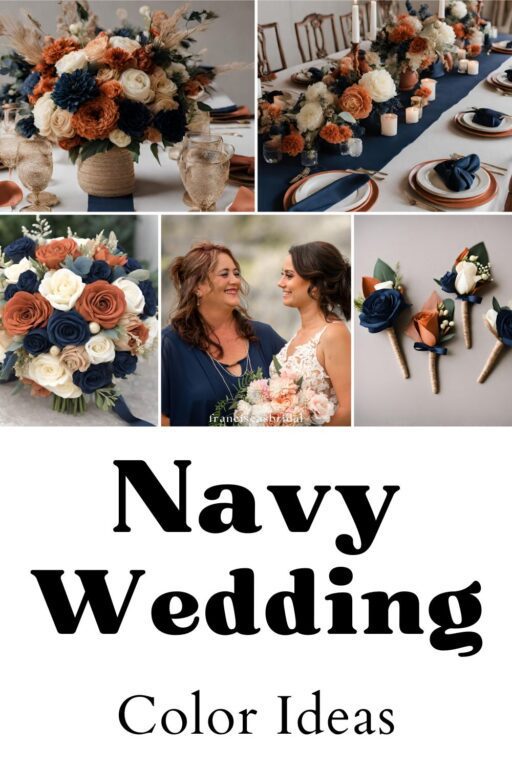 A photo collage of navy and terracotta wedding color ideas.