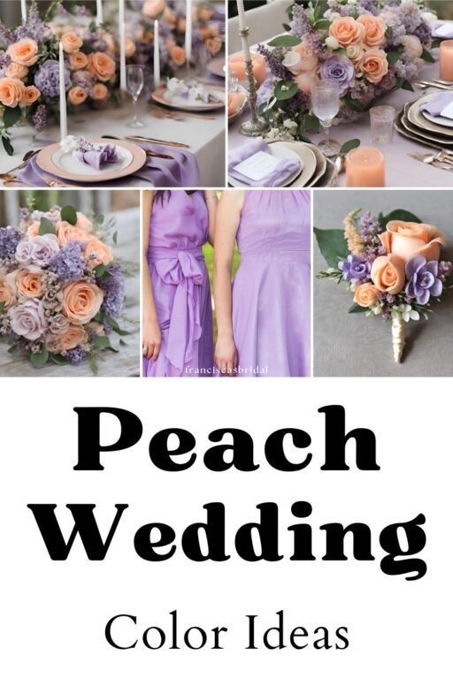 A photo collage of peach and lilac wedding color ideas.