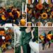 A photo collage of burnt orange, burgundy, navy, mustard yellow, and hunter green wedding color ideas.