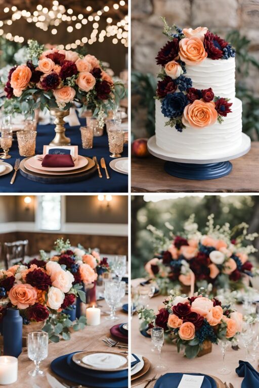 A photo collage of peach, navy, and maroon wedding color ideas.