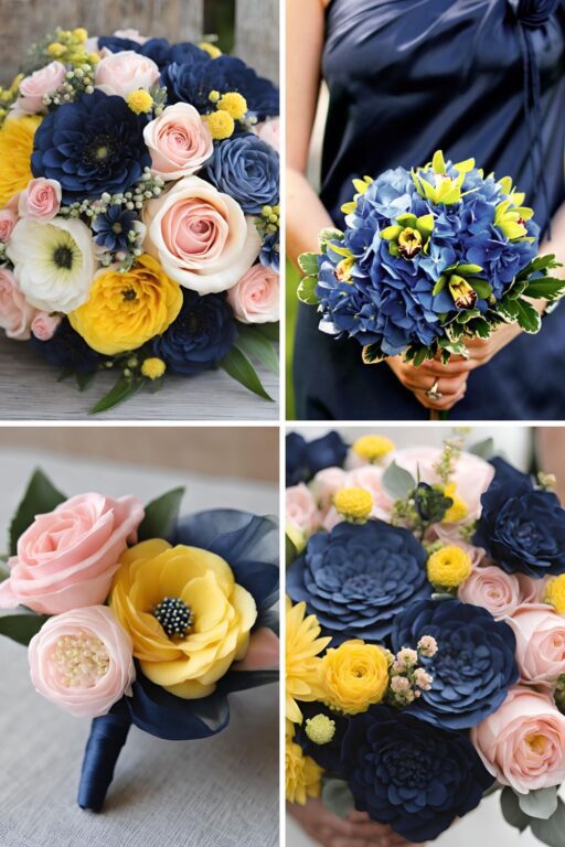 A photo collage of navy blue, yellow, and pastel pink wedding color ideas.