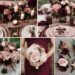 A photo collage of burgundy, dusty pink, and coffee brown wedding color ideas.