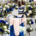 A photo collage of olive green, royal blue, and ivory wedding color ideas.