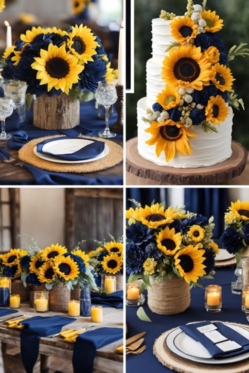 A photo collage of navy blue and rustic sunflower wedding color ideas.