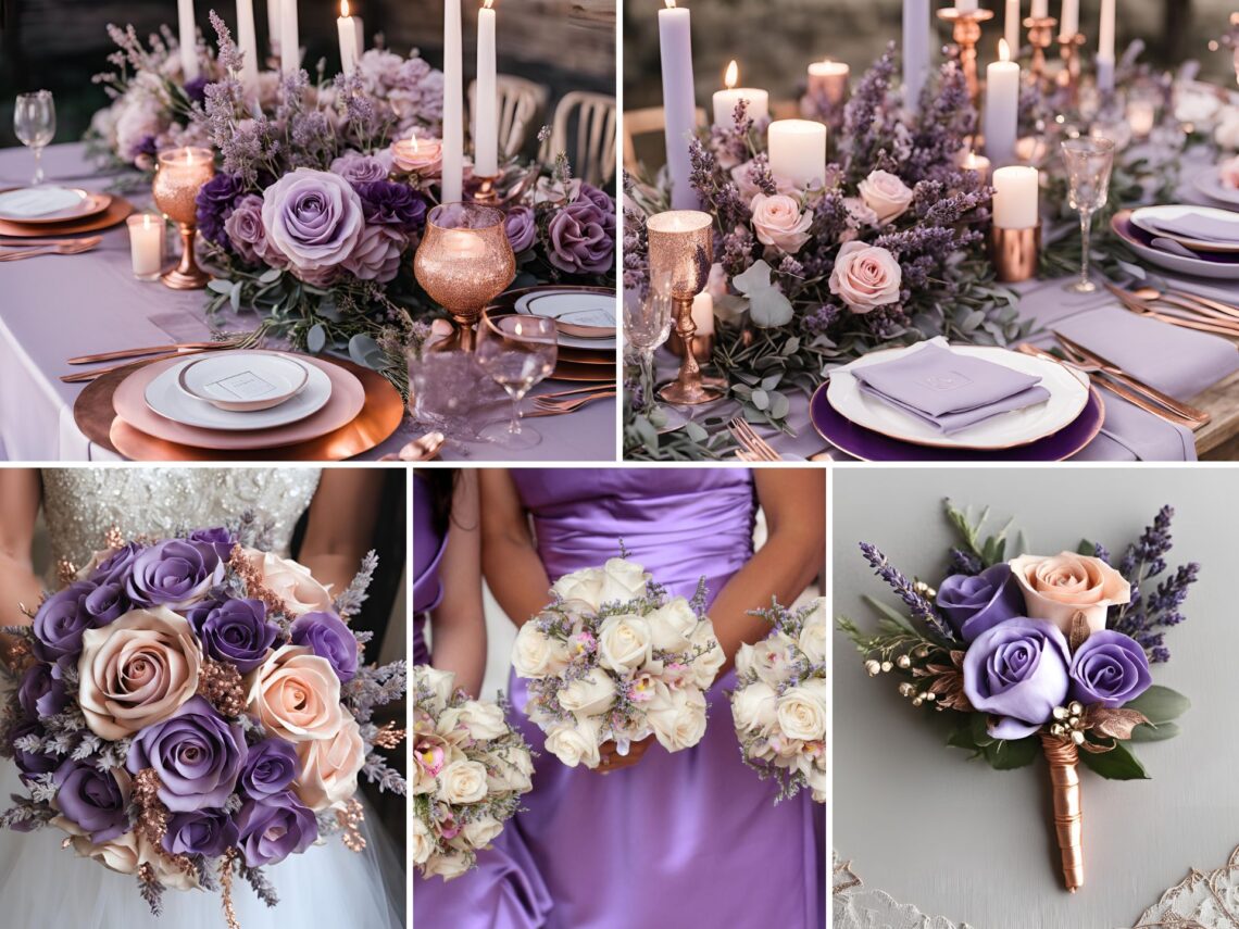 A photo collage of lavender purple and rose gold wedding color ideas.