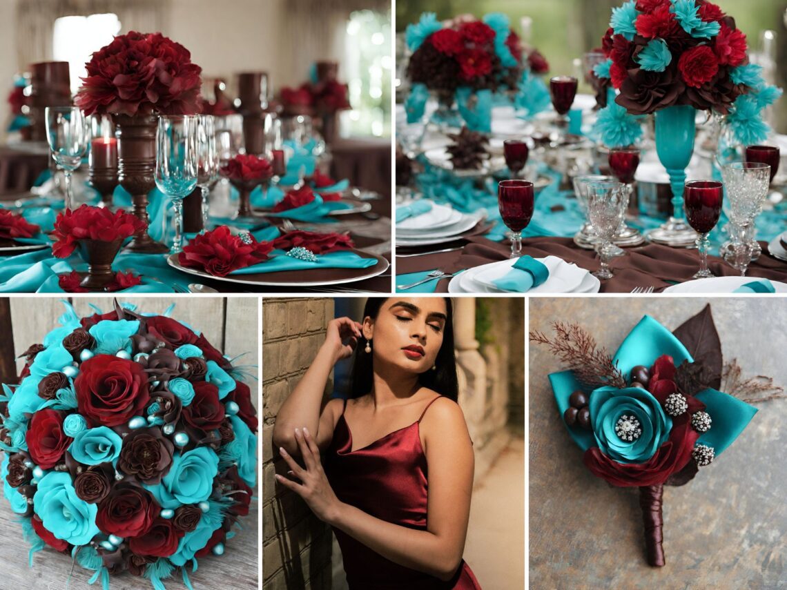 A photo collage of chocolate brown, teal blue, and red wine wedding color ideas.