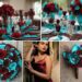 A photo collage of chocolate brown, teal blue, and red wine wedding color ideas.