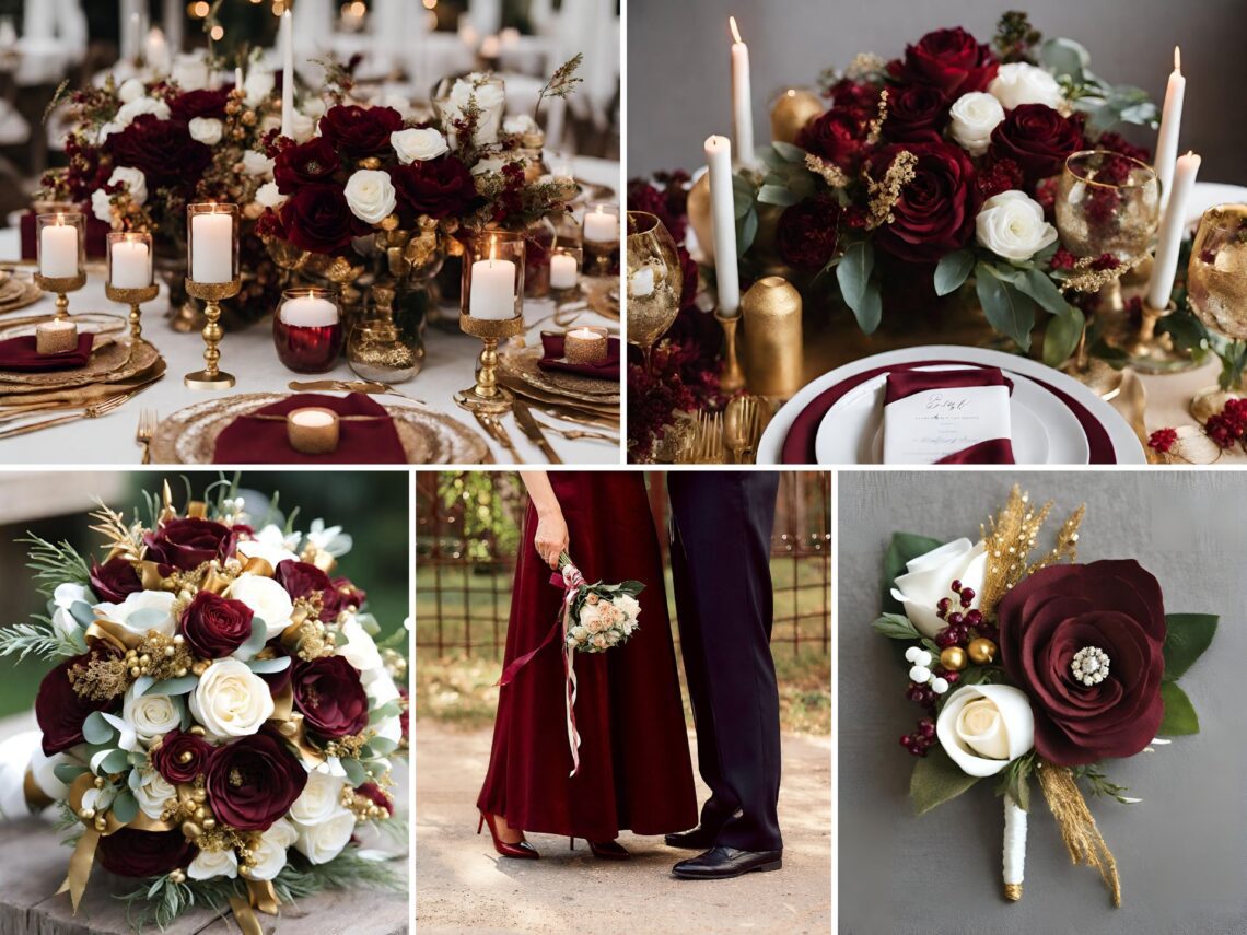 A photo collage of wine red, gold, and white wedding color ideas.