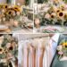 A photo collage of pink, gold, yellow sunflowers, and sage wedding color ideas.